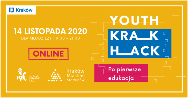 Grafika z Hasłem Youth Krak Hack po pierwsze edukacja, 14 listopada 2020, online