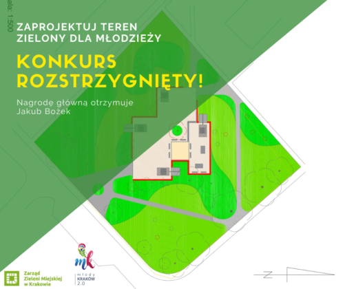Grafika z hasełm Zaprojektuj teren zielony dla młodzieży - konkurs rozstrzygnięty.