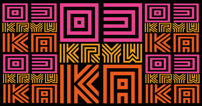 ODKRYWKA - przegląd muzyczny. Napis różowo-żółto-pomarańczowy na czarnym tle.